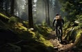 man on bike at nature, extreme bicycle sport at mountain and forest, generative AI