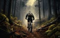 man on bike at nature, extreme bicycle sport at mountain and forest, generative AI