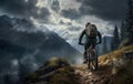 man on bike at nature, extreme bicycle sport at mountain and forest, generative AI