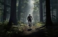 man on bike at nature, extreme bicycle sport at mountain and forest, generative AI