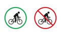Man on Bike Warning Sign Set. Drive Bicycle Allowed and Prohibit Silhouette Icons. Cycling Red and Green Circle Symbol Royalty Free Stock Photo