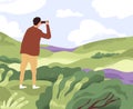 Man with binoculars looking forward in future. Concept of discovering new horizons, finding solutions, searching and Royalty Free Stock Photo