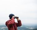 Man Binoculars Looking Mountain Cloudscape Traveling Concept