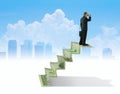 Man with binoculars on money stairs seeking financial success ad