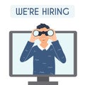 Man with binoculars on the monitor screen searching for new employee, work candidates, hired workers. We re hiring