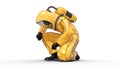 Man in biohazard protective outfit kneeling, human with gas mask dressed in hazmat suit for toxic and chemicals protection, 3D