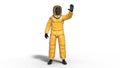 Man in biohazard protective outfit waving, human with gas mask dressed in hazmat suit for toxic and chemicals protection, 3D