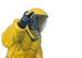 Man in a biohazard suit is argumenting Royalty Free Stock Photo