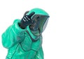 Man in a biohazard suit is argumenting Royalty Free Stock Photo