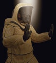 Man in a biohazard suit on a dark background 3d illustration