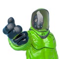 Man in a biohazard suit saying have a goodone