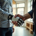 A man with a bionic prosthesis shakes hands, demonstrating technological cooperation and innovation