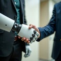 A man with a bionic prosthesis shakes hands, demonstrating technological cooperation and innovation