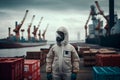 A man in a biosecurity suit in the port against the background of cranes, ships and cargo containers. Toxic chemical