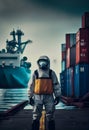 A man in a biosecurity suit in the port against the background of cranes, ships and cargo containers. Toxic chemical