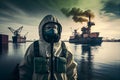 A man in a biosecurity suit in the port against the background of cranes, ships and cargo containers. Toxic chemical