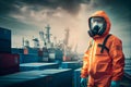 A man in a biosecurity suit in the port against the background of cranes, ships and cargo containers. Toxic chemical