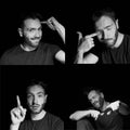 A man on a black background with different expressions of emotions.A collage of emotional states.