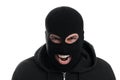 Man in black balaclava screaming on white background Royalty Free Stock Photo