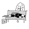 A man with a black beard in a striped vest fell asleep on a park bench illustration