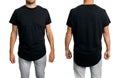 Man in black blank long fit t-shirt. front and back mockup template for design. isolated on white