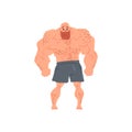 Man In Black Boxers Bodybuilder Funny Smiling Character On Steroids Demonstrating Muscles In Front Lat Spread Pose As