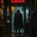 Man in a black cape standing in front of a door at night