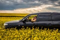 Man in black car in rape field Royalty Free Stock Photo