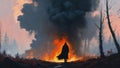 Man in black cloak standing against burning forest