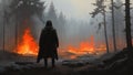 Man in black cloak standing against burning forest