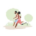 A man and a black girl with a prosthetic leg run in the park