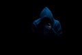 Man in black hood in the night darkness, dimly lit, concepts of Royalty Free Stock Photo