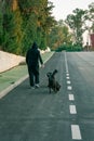 Man with black hood walks his dogs on the road