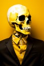 A man in a black jacket with a skull instead of a head stands on a yellow background.