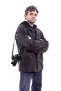 Man in black leather jacket photo camera Royalty Free Stock Photo