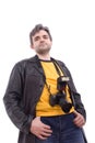 Man in black leather jacket with photo SLR camera Royalty Free Stock Photo