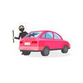 Man in black mask broke window in pink automobile. Car thief. Robber with crowbar in hand. Criminal behavior. Flat