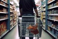 Man in a black shirt and jeans with shopping cart in the supermarket. Closeup rear view of a man strolling a shopping cart, AI