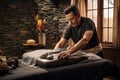 A man in a black shirt showcases his artistic talent by sculpting a statue, Himalayan Stone Massage, AI Generated