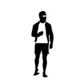 Man Black Silhouette Use Cell Smart Phone Standing Full Length Over White Background Royalty Free Stock Photo