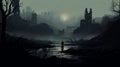 Eerily Realistic Dark Fantasy Scene: Ruins And River In Misty Swamp