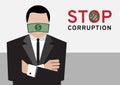 A man in black suit with big money cash gag or bribe on transparency background represent to the stop corruption campaign by vecto