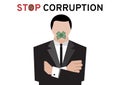 A man in black suit cross his arms while abstention by bribe money in election procedure on white background with the topic stop c