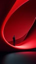 Man in black suit exploring abstract red curved architecture