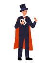 Man in black suit with red cape and top hat, holding deck of cards. Magician performs magic tricks with cards Royalty Free Stock Photo
