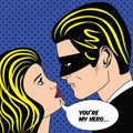 Man in black superhero mask and woman love couple in vintage pop art comic style