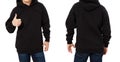 Man in black sweatshirt template isolated. Male black sweatshirts set with mockup and copy space. Hoody design. Hoodie front and