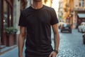 Man in black t-shirt standing on the street for mockup