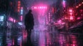 Man in black walks down street in cyberpunk city alone at night, neon store signs in dark futuristic town in rain. Concept of Royalty Free Stock Photo