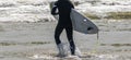 Man in a black wetsuit walking into the ocean carrying his surfboard Royalty Free Stock Photo